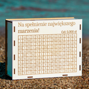 DREWNIANA SKARBONKA Z WŁASNYM NAPISEM WYKREŚLANKA NA PREZENT BIAŁA