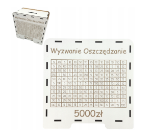 BIAŁA Skarbonka Wykreślanka napis WYZWANIE OSZCZĘDZANIE